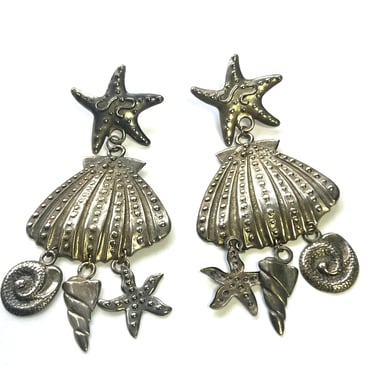Vintage Seashell Earrings, Pewter Beach Earrings, Charm Dangle earrings, Nautical Earrings, Vintage Pewter Seal Life Earrings 