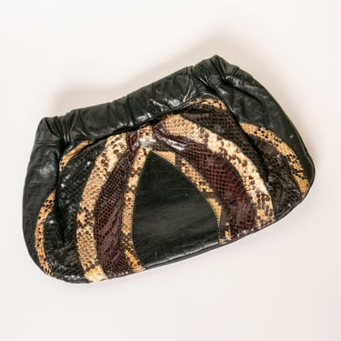 1980s Clutch Purse Snake Skin + Leather Bag 