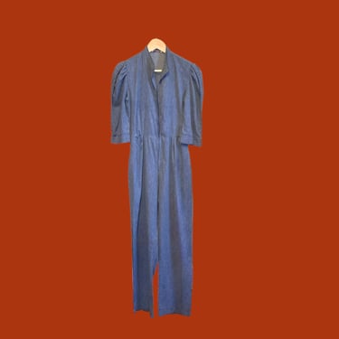 60s Striped Jumpsuit, Vintage 70s Blue Onesie, High Waisted Puff Sleeve Short Sleeve Zip Up Jumpsuit, Soft Worn Distressed Pants Small 