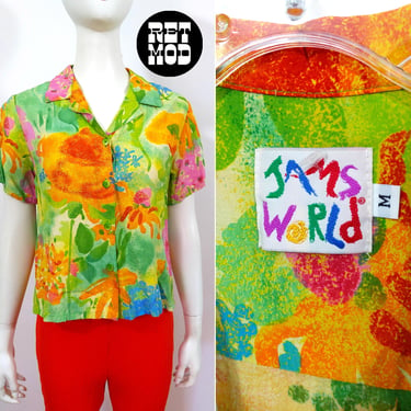 Bright & Happy Floral Vintage 80s 90s Jams World Short Sleeve Button Down Blouse 