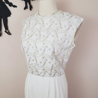 Vintage 1950's L'Aiglon Tinsel Dress / 60s White Linen Party Cocktail Dress S/M 