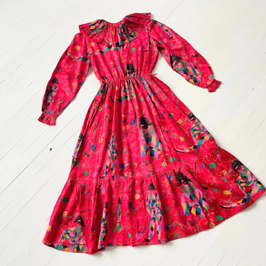 1970s Red Satin Harlequin Print Dress 