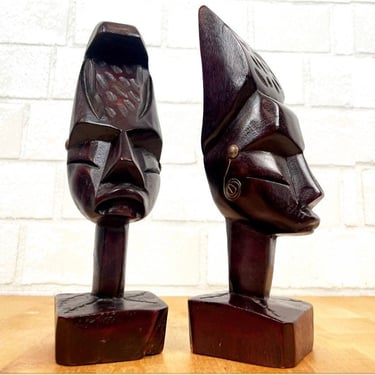 Vintage Hand-Carved African Wooden Sculpture Tribal Statue Bookends 