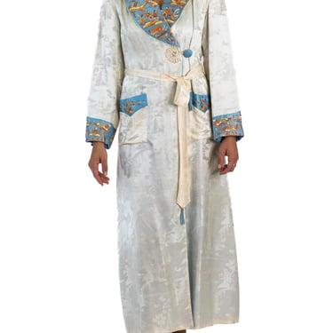 1930S Silver  Blue Silk Jacquard  Scenic Embroiderd Long Robe With Pockets 