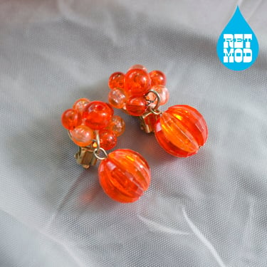 Lovely Vintage 60s 70s Orange Beaded Dangles Clip-On Earrings 