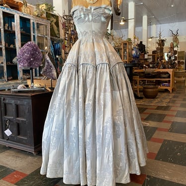 1950s strapless gown, silver brocade, vintage party dress, alternative wedding, x-small, 50s prom, cinderella formal, 24 25 waist 