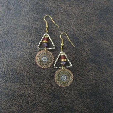 Hammered brass triangle mandala earrings, multicolor 