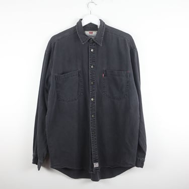 vintage LEVI's black DENIM oversize 1990s grunge red tab levi's shirt button down denim shirt -- size large 