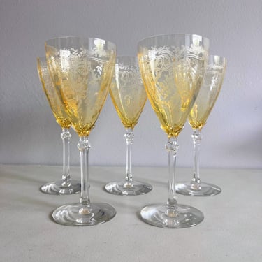 Vintage Fostoria Glass June Topaz Etched Elegant Glass Set of 5 Water Goblets 