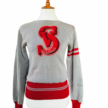 1940's Grey Wool Varsity Sweater w/Red Appliqué