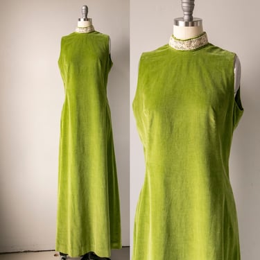 1960s Dress Green Velvet Empire Waist Column M 