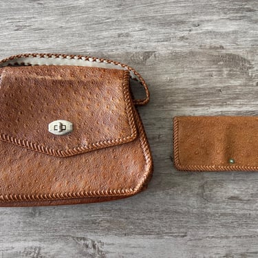 Vintage Handbag Wallet Set Top Handle Bag Tan Embossed 70s Western Boho Cowgirl 