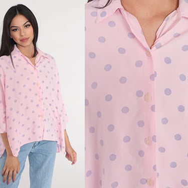 Pink Polka Dot Shirt 90s Button Up Blouse High Low Hem Top Retro Pastel 3/4 Sleeve Girly Summer Vintage 1990s Anxiety Small Medium Large XL 