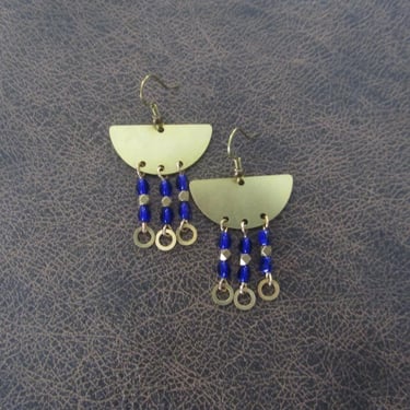 Chandelier royal blue crystal and brass earrings 