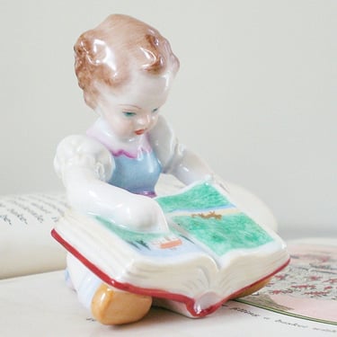 Vintage Herend Figurine Girl with a Book, A Difficult Task, Hand painted Hungarian porcelain child reading, Nursery decor, Gift for new mom 