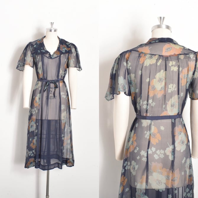 Vintage 1930s Dress / 30s Floral Silk Chiffon Dress / Navy Blue ( S M ) 