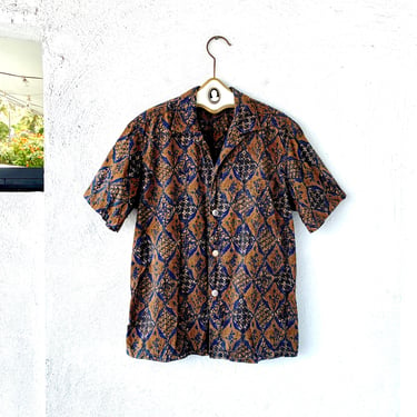 Vintage 50s Kahala Hawaii Aloha Shirt 1950s Hawaiian Graphic Dark Brown Blue Top 