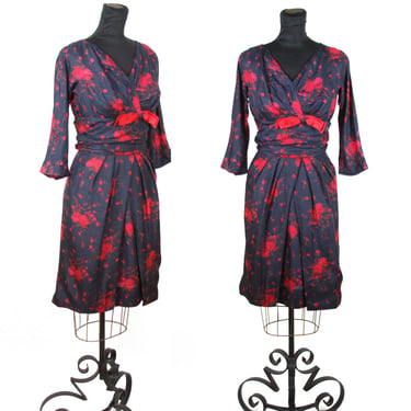 1950s Dress // Silk Red Rose on Navy Blue Cocktail Dress with Pleated Bust 