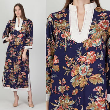 70s Boho Blue Floral Kaftan Dress - Medium | Vintage 3/4 Sleeve Hippie Maxi Dress 