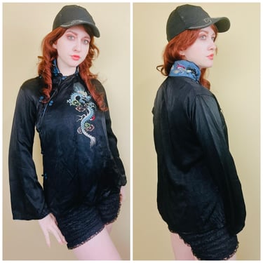 1950s Vintage Silk Black Mandarin Collar Blouse / 50s Blue Dragon Embroidered Flared Sleeve Shirt / Medium 