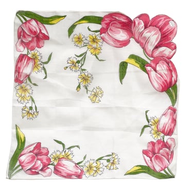 13.5" Vintage pink floral handkerchief w/  hand rolled scallop edge. Pretty retro tulip hankie for spring or summer 