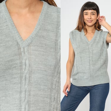 90s Cable Knit Vest Grey Sweater Top Sleeveless Sweater 1990s Sleeveless Pullover Vintage Cableknit V Neck Large L 