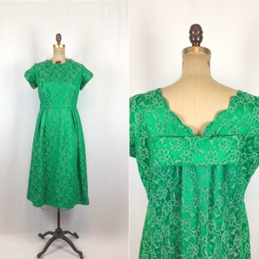 Vintage 50s dress | Vintage kelly green floral lace dress | 1950s satin lace cocktail dress 