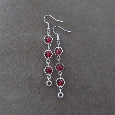 Silver and red geometric hexagon earrings 