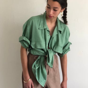 90s linen pocket shirt / vintage Ann Taylor sage green linen relaxed oversized pocket over shirt blouse | Large 