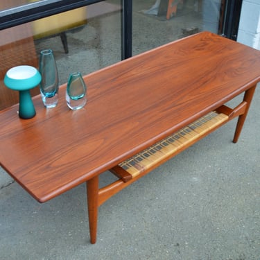 Stellar Teak Surfboard Coffee Table w/ Flared Top Edges & Cane Shelf by K&T