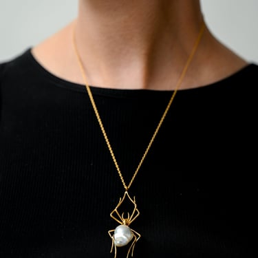 Gold Plated Sterling Silver and Biwa Pearl Orb Weaver Spider Necklace