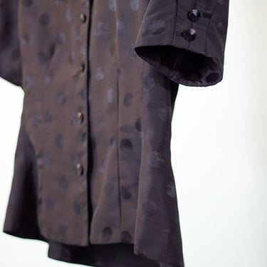 vintage fit and flare Nippon Boutique balloon sleeve blouse - 1980s polka dot black tone on tone spot top 