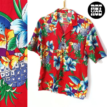 Fun Vintage 80s 90s Red Tropical Flowers, Pineapples & Watermelon Novelty Print Hawaiian Shirt 