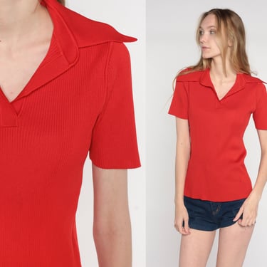 Red Polo Shirt 70s Collared Shirt Retro Dagger Collar Short Sleeve Preppy Plain Disco Top Seventies T-Shirt Vintage 1970s Small Medium Large 