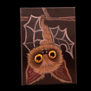 Vintage Halloween Inspired Hand Painted Spooky Baby Bat On 5”x7” Canvas Board 