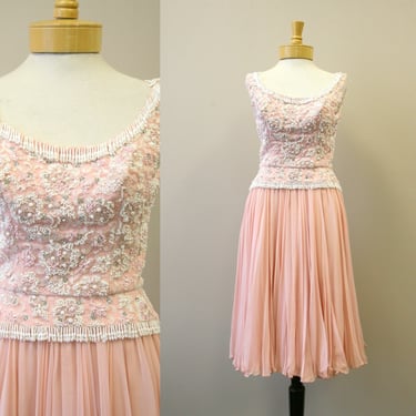 1960s Pat Sandler Pink Beaded Lace and Chiffon Dress 