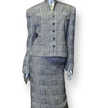 Vintage David Hayes Suit silk Blazer and Pencil skirt Black White Houndstooth Plaid Set Womens Medium 