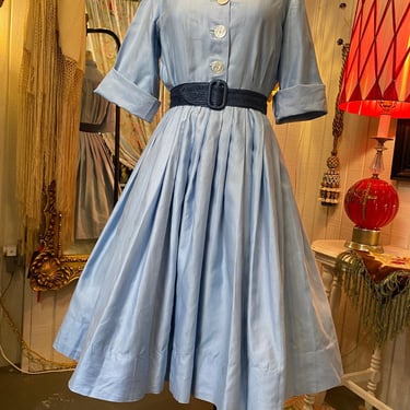 vintage 1950s blue shirtwaist dress polished cotton full | Black Label  Vintage - Tacoma, WA | ATTIC