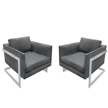Milo Baughman Pair of Lounge Chairs with Polished Chrome Frames 1970s