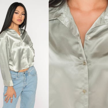 Silver Satin Blouse Metallic Long Sleeve Top 90s Shirt Silky Shirt 80s Button Up Collared Shirt 1990s Extra Small xs 