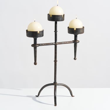 Vintage Tall Wrought Iron Candle Holder // Large Hand-Forged Brutalist Metal Pillar Candle Holder 