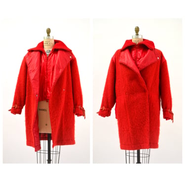 80s 90s Vintage Red Jacket Coat Wool Mohair Jacket Puffer Vest Made In Italy Size Large Avant Garde 80s 90s Wool Coat Jacket Red Mohair 