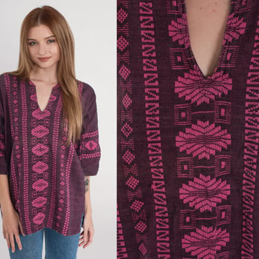 Embroidered Top 90s Hippie Shirt Pink Guatemalan Embroidery Top Aztec Mexican Blouse V Neck 1/2 Sleeve Boho Vintage 1990s Cotton Medium M 