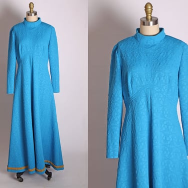 1960s Textured Turquoise Full Length Long Sleeve High Collared Gold Trim Hem Polyester Dress -L 