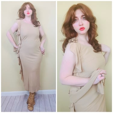Y2K Fanny Ruffled Bias Cut Midi Dress / Vintage Brown / Tan Rosette Dress With Matching Scarf / Medium 
