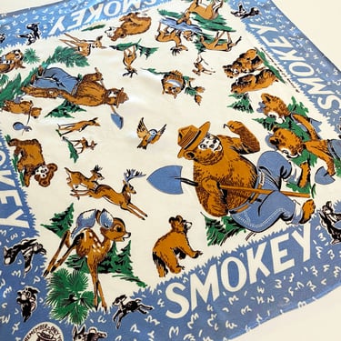 Vintage 50s SMOKEY the BEAR Bandana Scarf| Forest Animals Print w Bambi Deer & Bunny Rabbits | Only You Can Prevent Forest Fires! | Cotton 