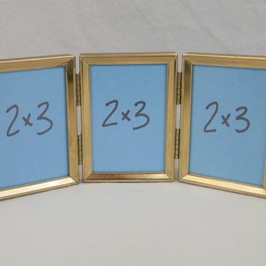 Vintage Small Tri-Fold Hinged Picture Frame - Gold Tone Metal, Non-Glare Glass - Holds Three Wallet Size 2 1/2