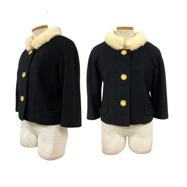 Vtg Vintage 1950s 50s Designer Blond Mink Fur Collar Cropped Black Jacket 