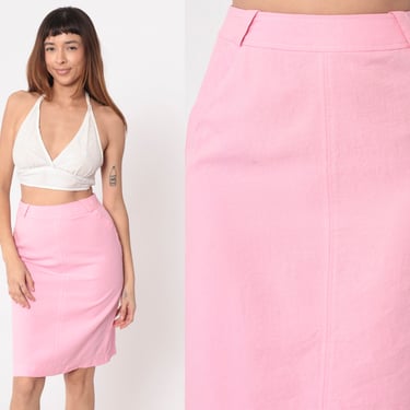 Bubblegum Pink Pencil Skirt 90s Knee Length Mini Skirt Simple High Waisted Retro Preppy Secretary Casual Plain Vintage 1990s Small Medium 