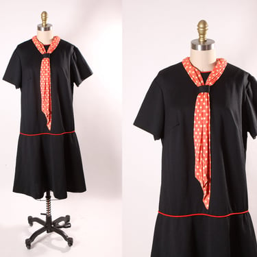 1960s Black and Red Short Sleeve Plus Size Volup Red Trim Polka Dot Scarf Scooter Dress by ShipShape -XL 